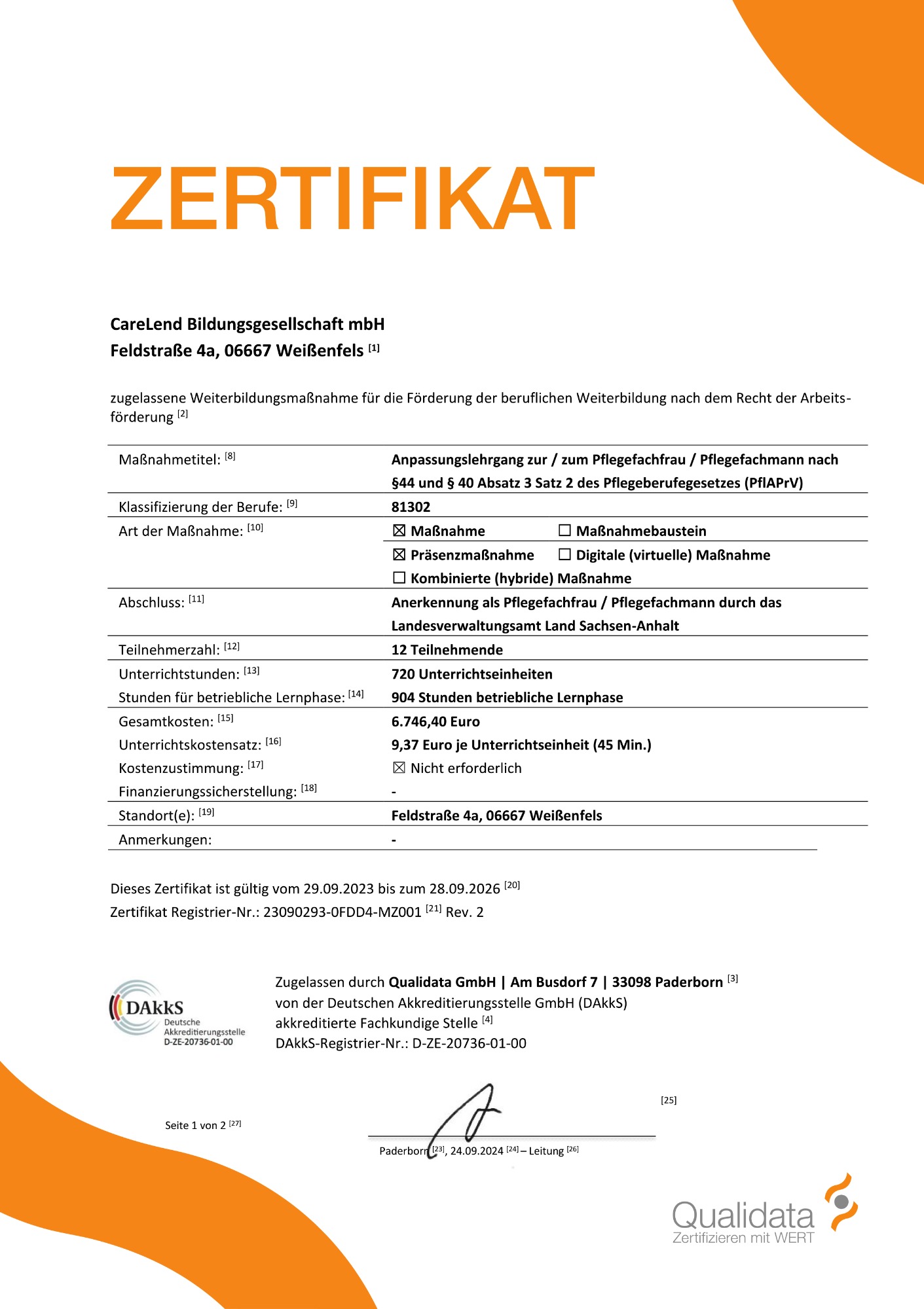 Zertifikat Anpassungslehrgang