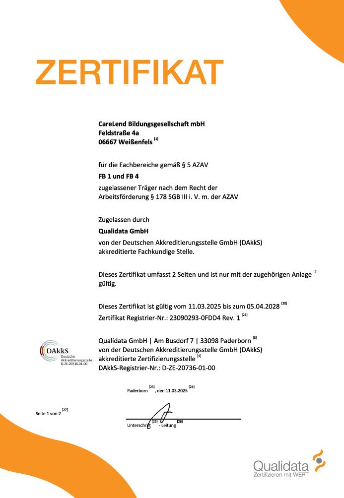 AZAV Zertifikat Anpassungslehrgang Pflege