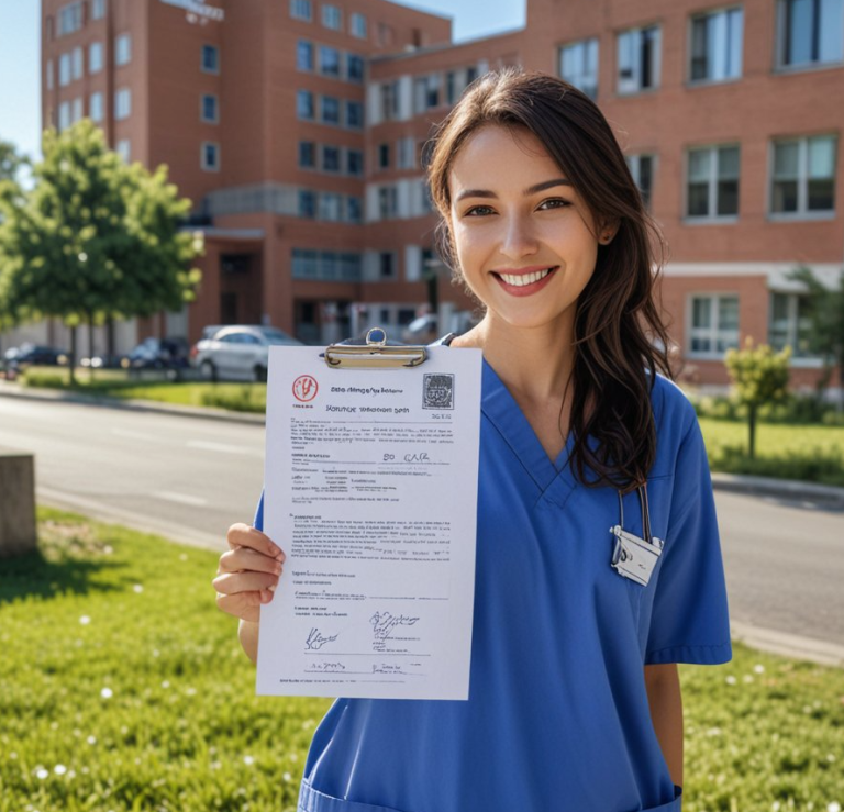Pflegerin in blaue Arbeitskleidung hält ein Dokument vor einem Krankenhaus.