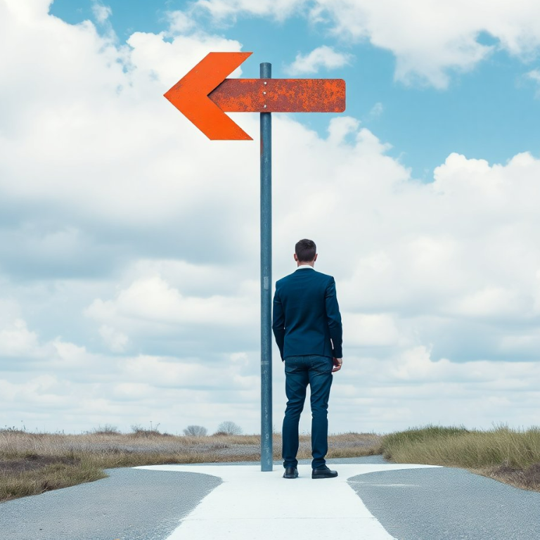 Mann in Anzug steht vor einem Verkehrsschild mit einer linken Pfeilrichtung.