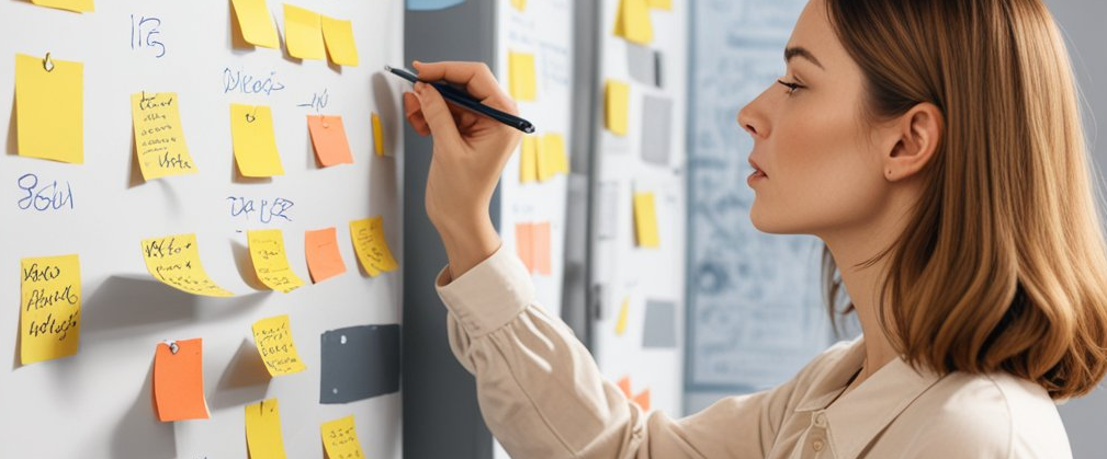 Pflegedienstleiterin schreibt auf ein Post-it und klebt es an eine Wand mit Notizen.