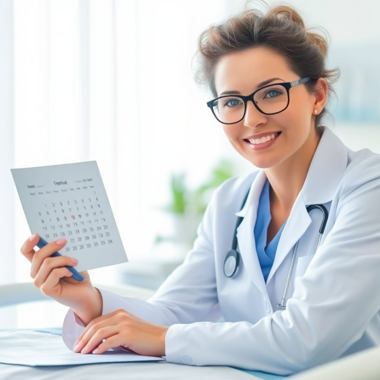 Pflegerin hält einen Kalender und lächelt, sitzt an einem Schreibtisch.