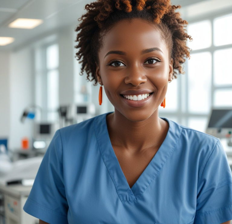 Lächelnde Pflegekraft in blauer Arbeitskleidung, steht in einem modernen medizinischen Raum.